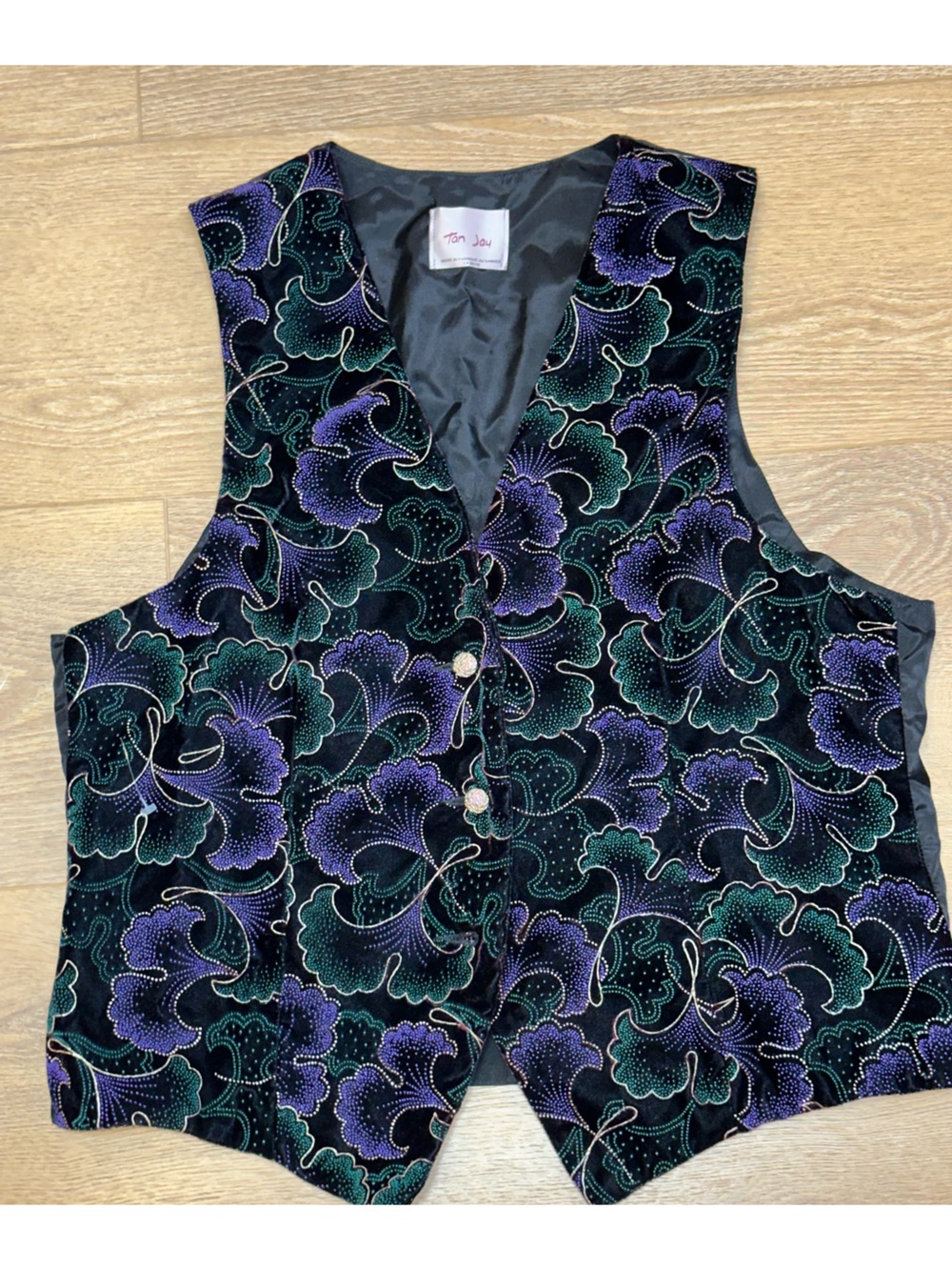 Vintage TanJay Black Velvet Floral Vest with Purple, Teal & Gold Accents sz 12